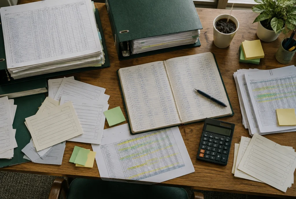 A school office desk covered in paper registers, binders, sticky notes and printed spreadsheets